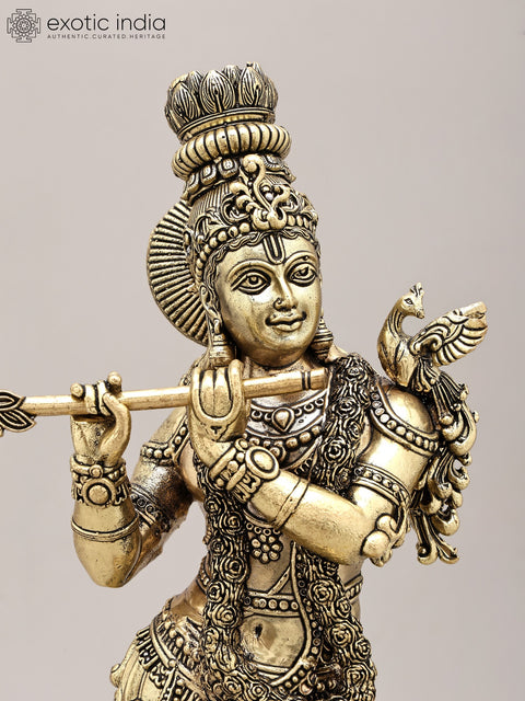 15" Superfine Fluting Lord Krishna | Brass Statue on Wood Base