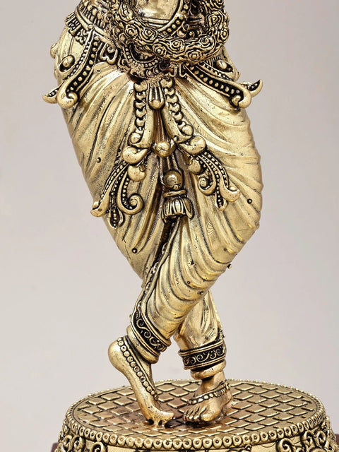 15" Superfine Fluting Lord Krishna | Brass Statue on Wood Base