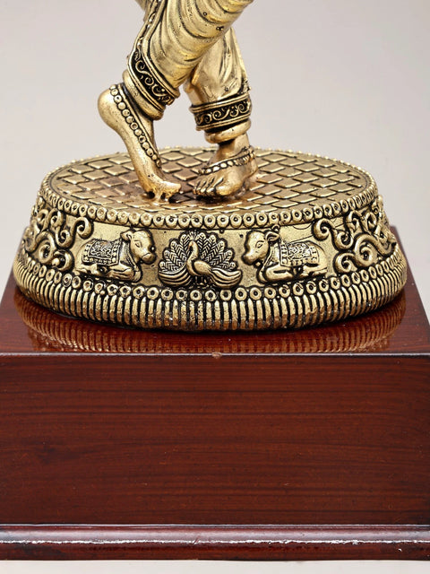 15" Superfine Fluting Lord Krishna | Brass Statue on Wood Base