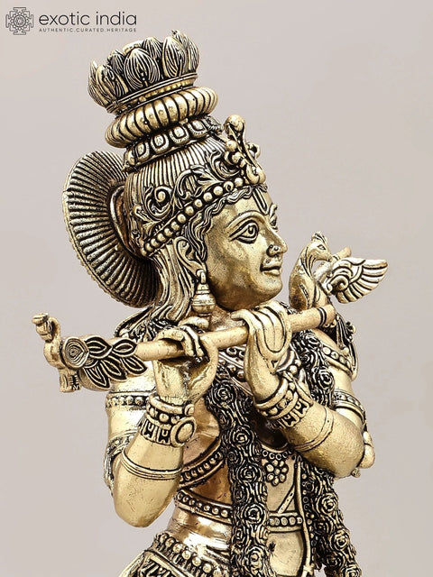 15" Superfine Fluting Lord Krishna | Brass Statue on Wood Base