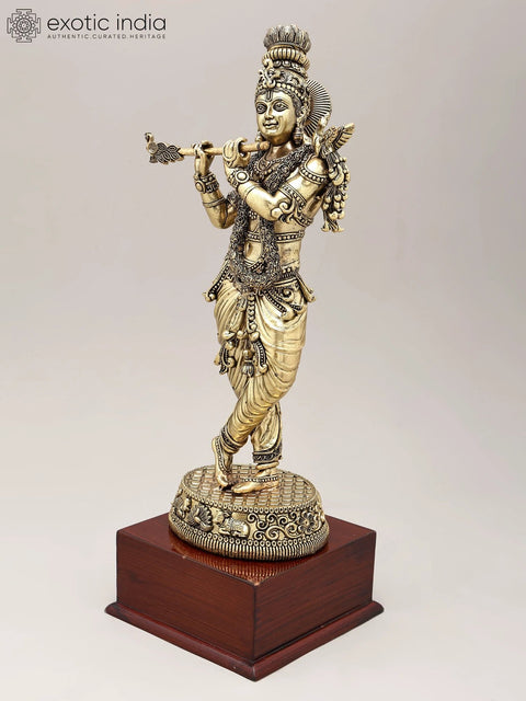 15" Superfine Fluting Lord Krishna | Brass Statue on Wood Base