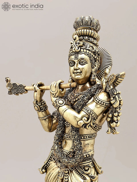 15" Superfine Fluting Lord Krishna | Brass Statue on Wood Base