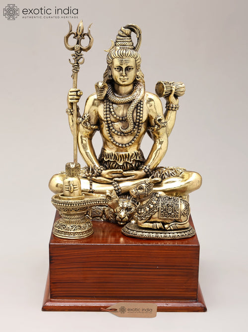9" Brass Lord Shiva with Nandi and Shivalinga Idol on Wood Base