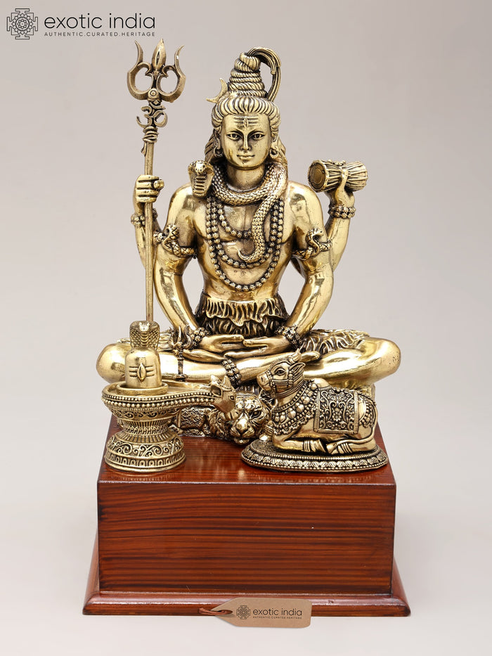 9" Brass Lord Shiva with Nandi and Shivalinga Idol on Wood Base