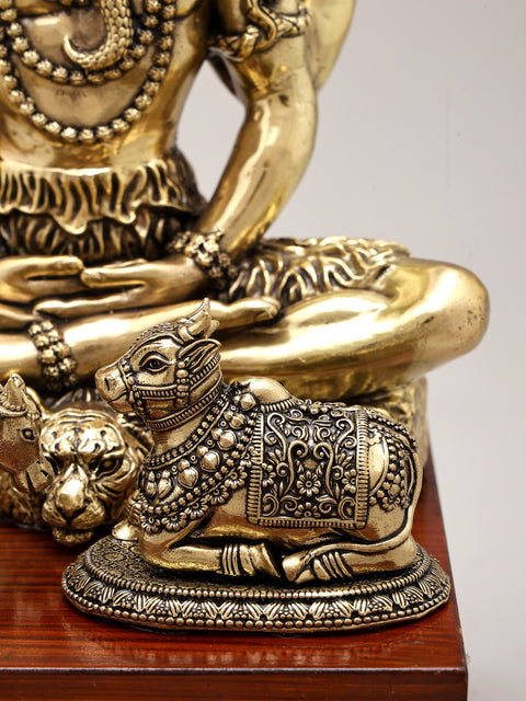 9" Brass Superfine Lord Shiva with Nandi and Shivalinga on Wood Base