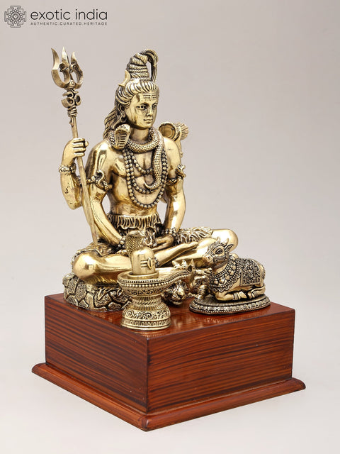 9" Brass Superfine Lord Shiva with Nandi and Shivalinga on Wood Base