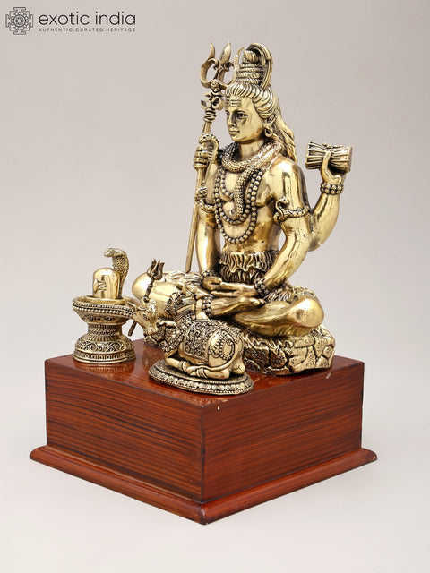 9" Brass Superfine Lord Shiva with Nandi and Shivalinga on Wood Base