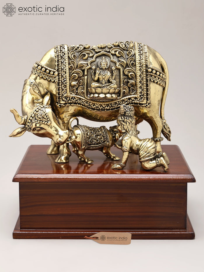 7" Handmade Kamadhenu Cow and Calf with Baby Krishna Brass Statue
