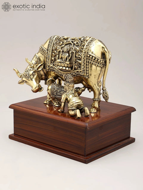 7" Superfine Kamadhenu Cow and Calf with Baby Krishna | Brass Statue on Wood Base