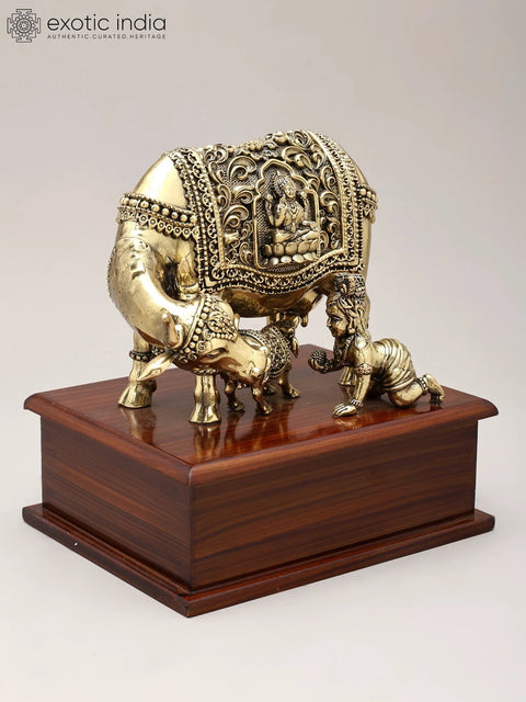 7" Superfine Kamadhenu Cow and Calf with Baby Krishna | Brass Statue on Wood Base