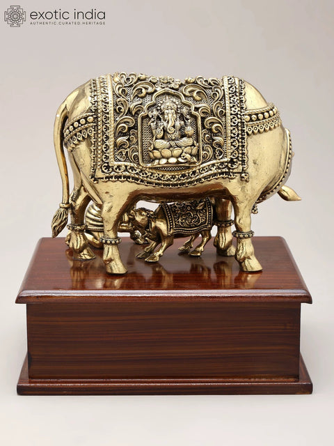 7" Superfine Kamadhenu Cow and Calf with Baby Krishna | Brass Statue on Wood Base