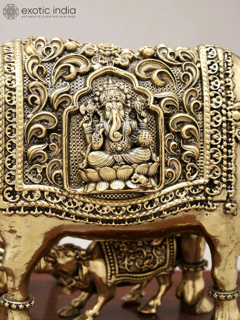 7" Superfine Kamadhenu Cow and Calf with Baby Krishna | Brass Statue on Wood Base