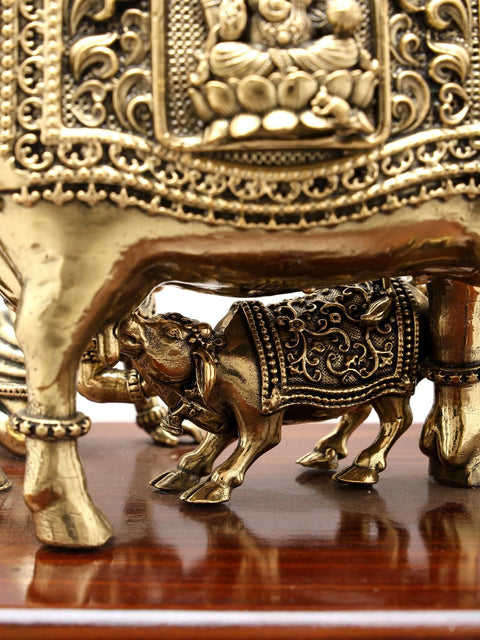 7" Superfine Kamadhenu Cow and Calf with Baby Krishna | Brass Statue on Wood Base