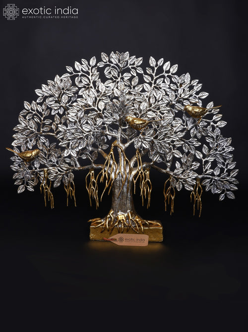 26" Silver Toned Brass Tree of Life with Birds Statue