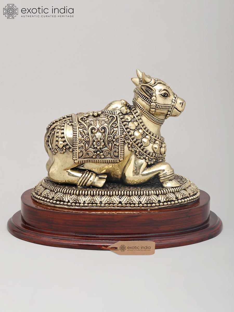 9" Handcrafted Brass Nandi Statue with Wooden Base for Home Decor
