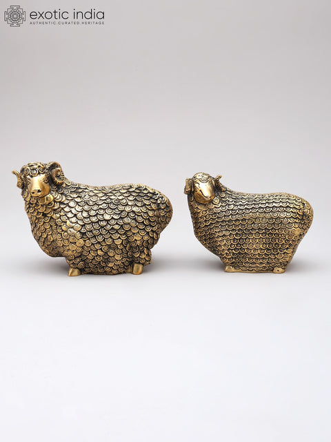 6" Small Pair of Auspicious Sheeps with Prosperity Coins | Brass Statues