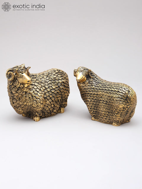 6" Small Pair of Auspicious Sheeps with Prosperity Coins | Brass Statues
