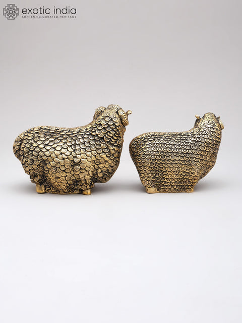 6" Small Pair of Auspicious Sheeps with Prosperity Coins | Brass Statues