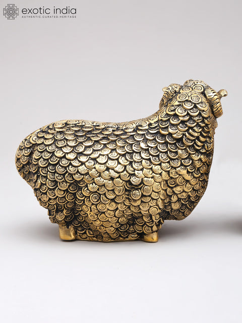 6" Small Pair of Auspicious Sheeps with Prosperity Coins | Brass Statues