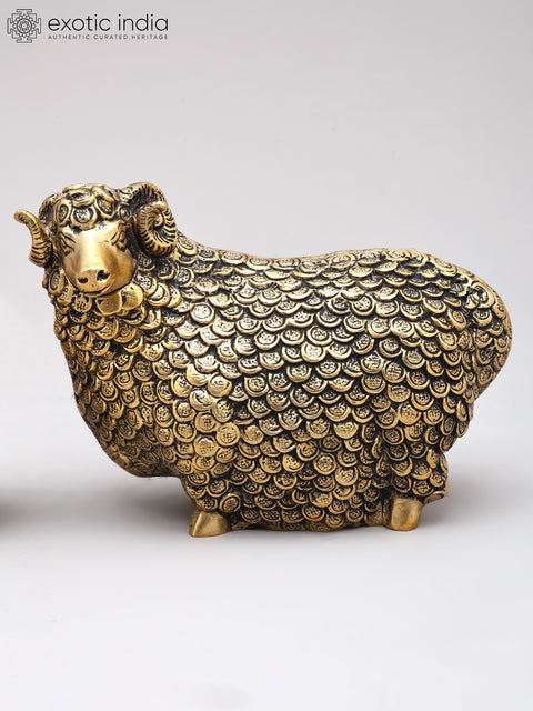 6" Small Pair of Auspicious Sheeps with Prosperity Coins | Brass Statues