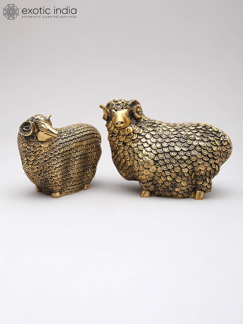 6" Small Pair of Auspicious Sheeps with Prosperity Coins | Brass Statues