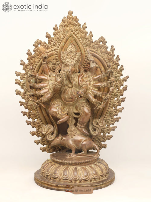 31" Large Twelve Armed Dancing Ganesha Brass Statue with Mushak