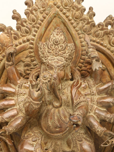 31" Large Twelve Armed Lord Ganesha Dancing on Mushak | Brass Statue | Made in India
