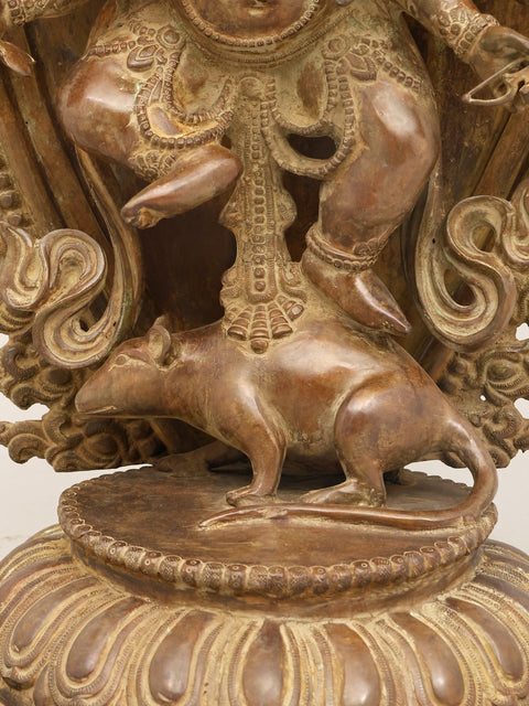 31" Large Twelve Armed Lord Ganesha Dancing on Mushak | Brass Statue | Made in India