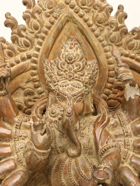 31" Large Twelve Armed Lord Ganesha Dancing on Mushak | Brass Statue | Made in India