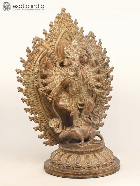 31" Large Twelve Armed Lord Ganesha Dancing on Mushak | Brass Statue | Made in India