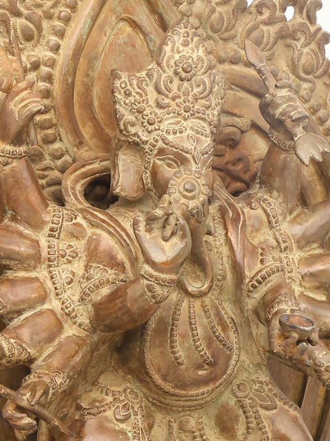 31" Large Twelve Armed Lord Ganesha Dancing on Mushak | Brass Statue | Made in India
