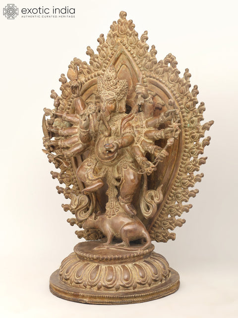 31" Large Twelve Armed Lord Ganesha Dancing on Mushak | Brass Statue | Made in India