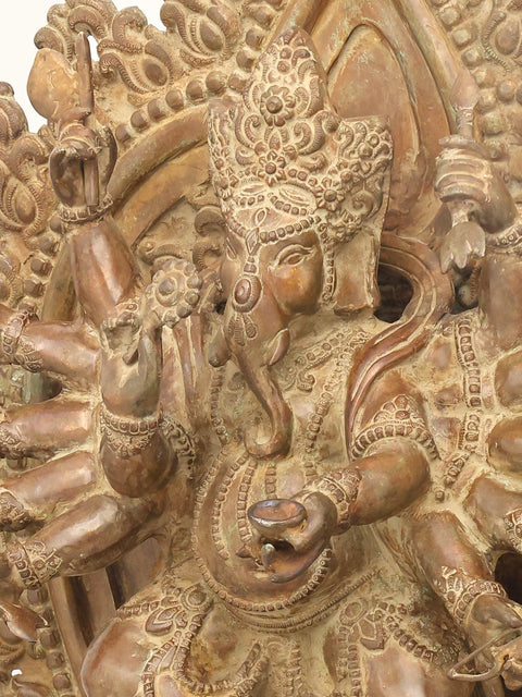 31" Large Twelve Armed Lord Ganesha Dancing on Mushak | Brass Statue | Made in India