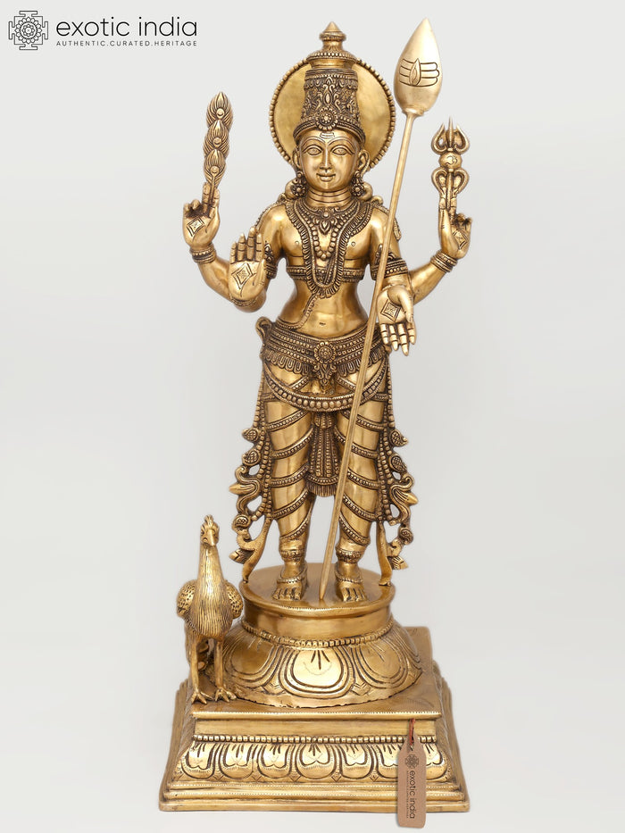 48" Large Four Armed Standing Lord Murugan in Blessing Gesture | Brass Statue