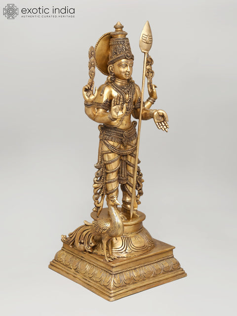 48" Large Four Armed Standing Lord Murugan in Blessing Gesture | Brass Statue
