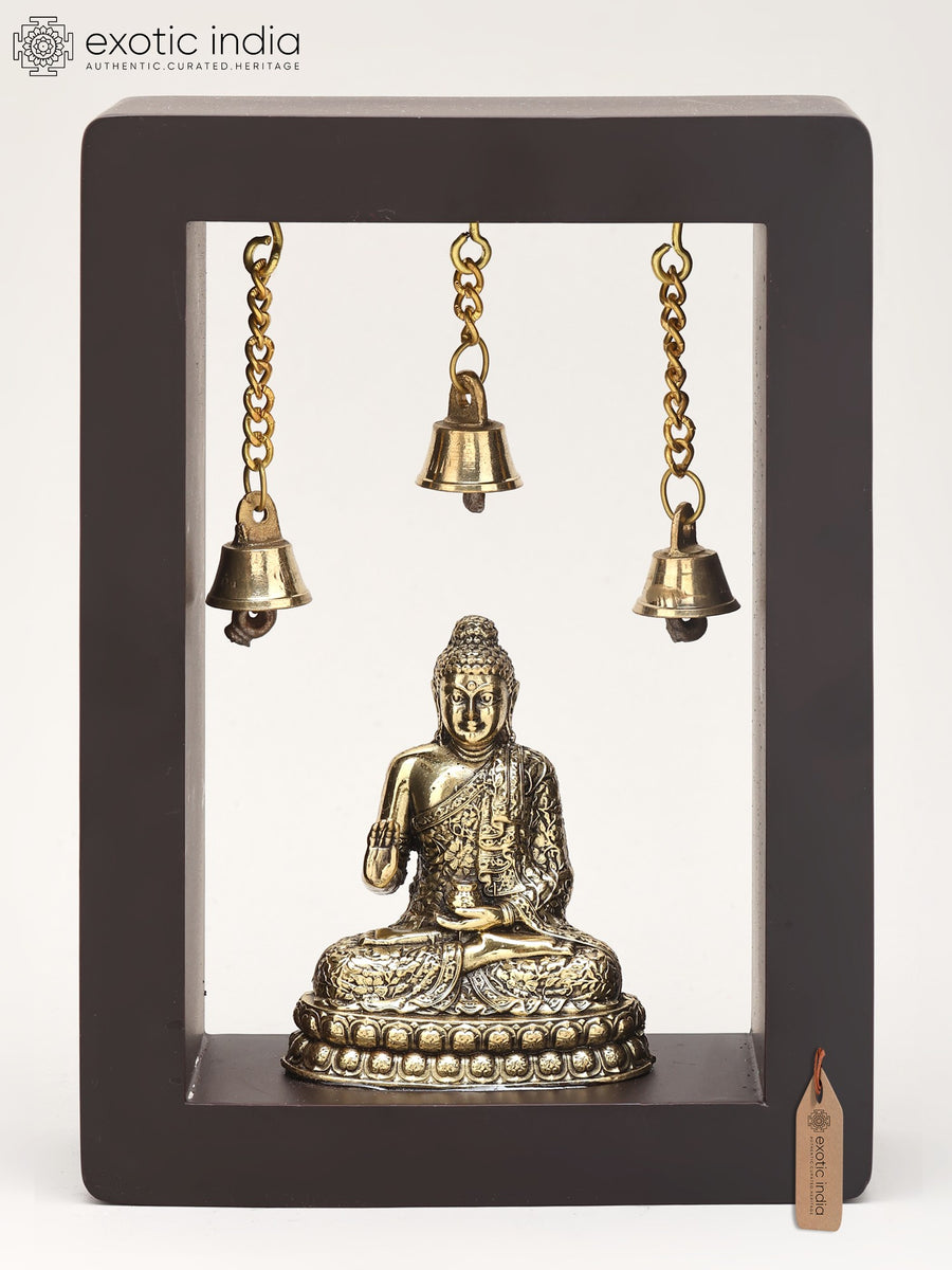 7" Handmade Blessing Buddha Brass Wall Hanging Sculpture with Wood Frame