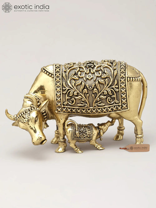 Small Handmade Cow and Calf Brass Statue for Home Decor