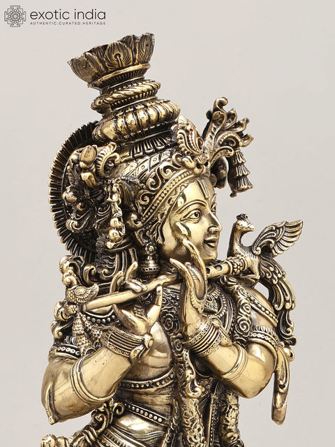 15" Superfine Lord Krishna Playing Flute | Brass Statue