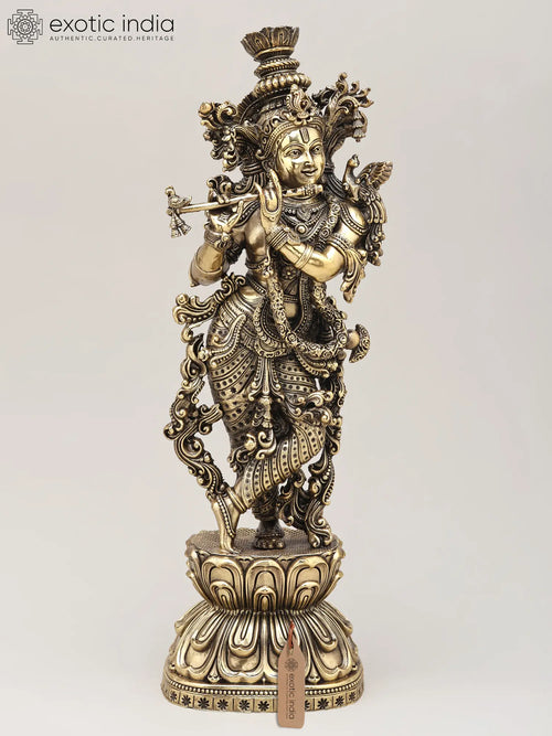 Handmade Lord Krishna Playing Flute Brass Statue