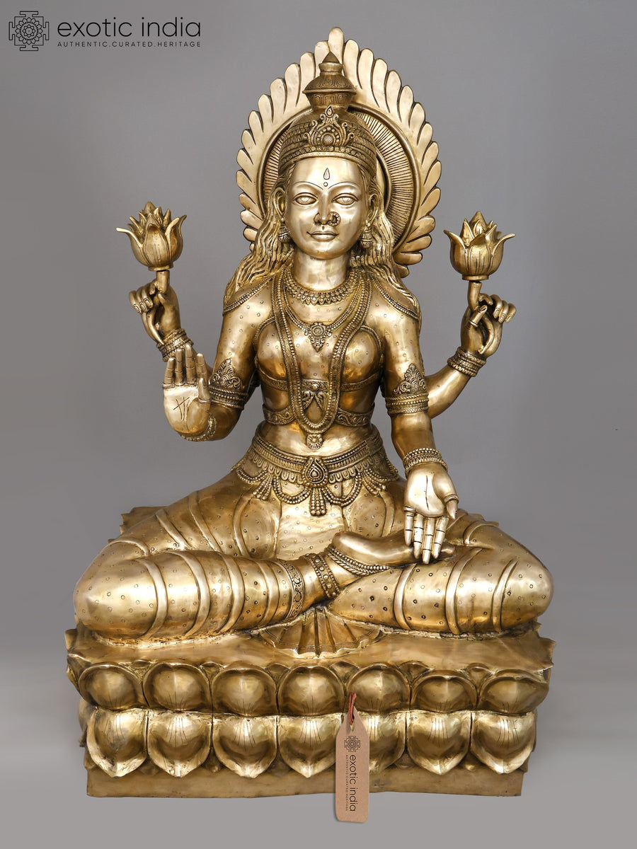 62" Large Four Armed Goddess Lakshmi Brass Sculpture on Lotus Pedestal
