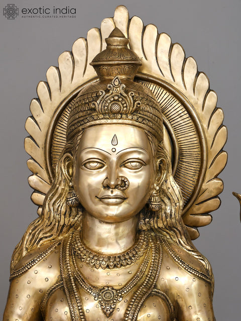 62" Large Four Armed Goddess Lakshmi Seated on Lotus Pedestal | Brass Sculpture