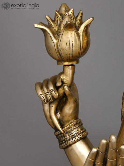 62" Large Four Armed Goddess Lakshmi Seated on Lotus Pedestal | Brass Sculpture