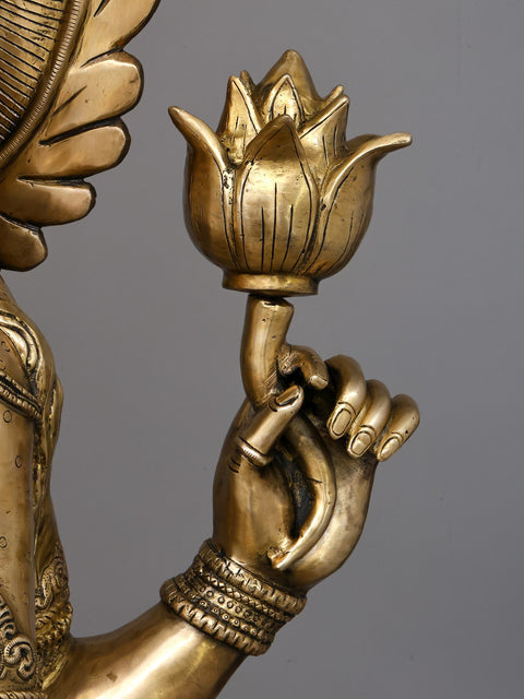 62" Large Four Armed Goddess Lakshmi Seated on Lotus Pedestal | Brass Sculpture