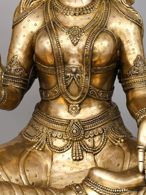62" Large Four Armed Goddess Lakshmi Seated on Lotus Pedestal | Brass Sculpture