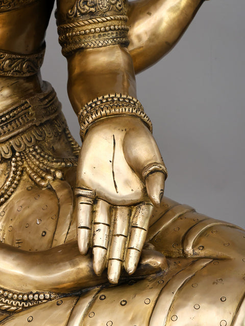 62" Large Four Armed Goddess Lakshmi Seated on Lotus Pedestal | Brass Sculpture