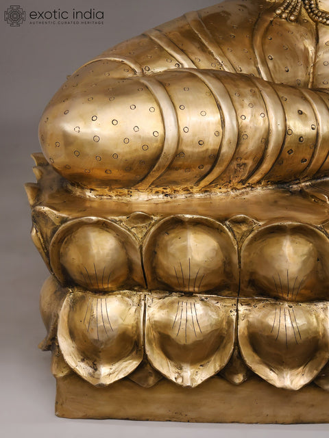 62" Large Four Armed Goddess Lakshmi Seated on Lotus Pedestal | Brass Sculpture