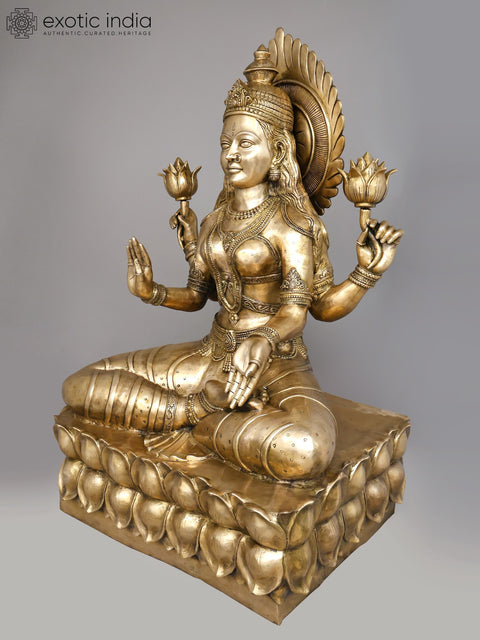 62" Large Four Armed Goddess Lakshmi Seated on Lotus Pedestal | Brass Sculpture