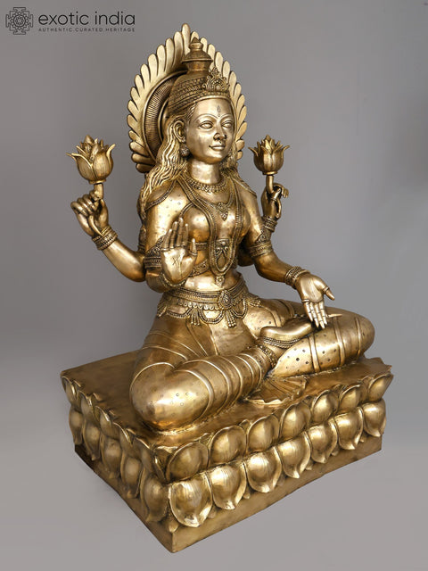 62" Large Four Armed Goddess Lakshmi Seated on Lotus Pedestal | Brass Sculpture