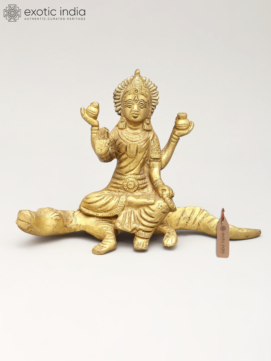 7" Ganga River Goddess Seated on Crocodile Brass Statue