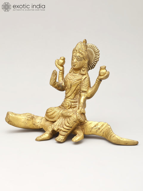 7" The River Goddess Ganga Seated on Crocodile | Brass Statue